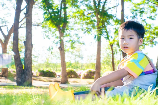 Очаровательный Мальчик Сидящий Деревом Городском Парке Пользуется Планшетным Компьютером Зеленой — стоковое фото