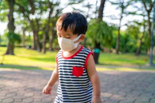 幼児アジアの男の子身に着けています保護N95マスクで公園内を歩く緑の公園 コロナウイルスと大気汚染Pm2 5の概念 — ストック写真