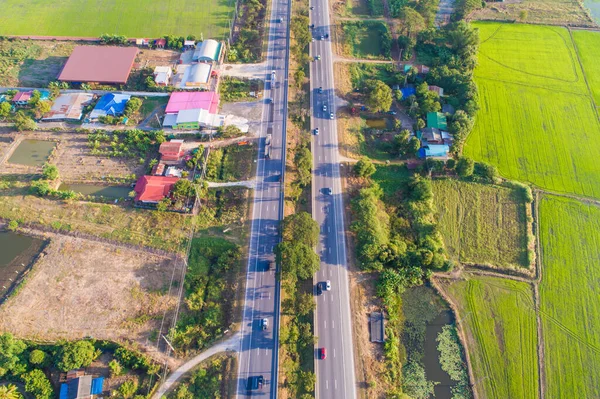 stock image Road in green tree forest landscape vehicle movement aerial view