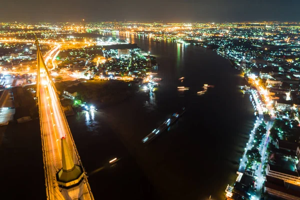 Puente Manera Expresa Noche Con Luz Vista Aérea Del Tráfico —  Fotos de Stock