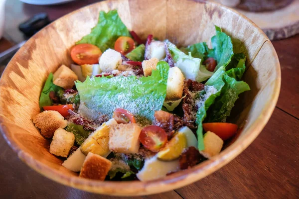 Ceacar Salat Holzschale Mit Bio Gemüse Und Gesundem Essen — Stockfoto