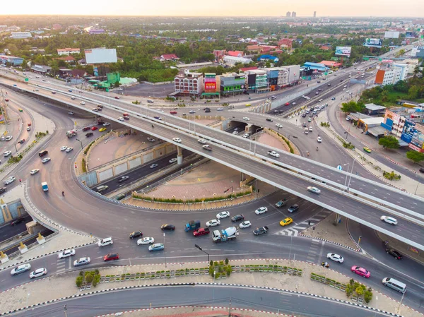 City transport junction roundabout road sunset aerial view