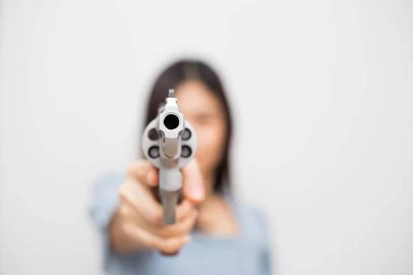 Femmes Sexy Avec Revolver Magnum Pistolet Classique Sur Fond Blanc — Photo