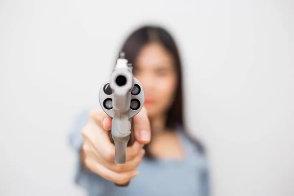Sexy Frauen Mit Magnum Revolver Classic Gun Auf Weißem Hintergrund — Stockfoto
