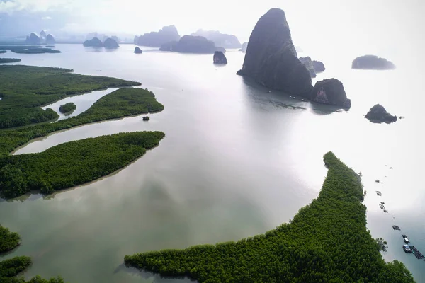 Trópusi Mangrove Zöld Erdő Tengeri Öböl Napfelkelte Légi Kilátás — Stock Fotó