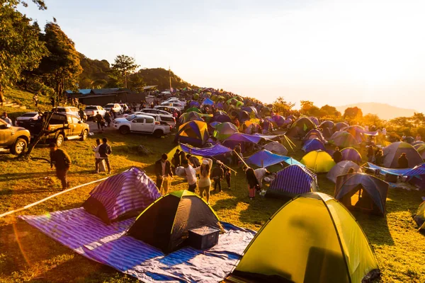 Group Camping Tent Trekking Hill Morning Sunrise Nature Recreation — Stock Photo, Image