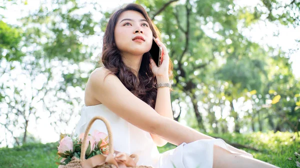 Hermosa Asiático Mujeres Sentado Verde Árbol Parque Usando Smartphone Mañana —  Fotos de Stock