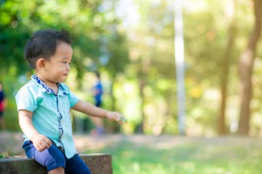 Sevimli akıllı oğlan yeşil parkta oynuyor, Asyalı çocuk.