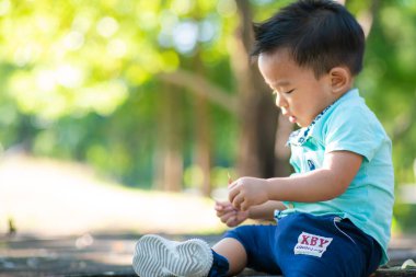 Sevimli akıllı oğlan yeşil parkta oynuyor, Asyalı çocuk.