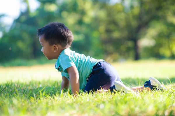 Adorable Niño Inteligente Jugando Parque Verde Ciudad Niño Asiático — Foto de Stock