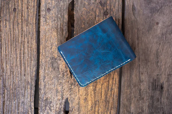 Leather Navy Blue White Cream Wallet Handmade Working Wood Background — Stock Photo, Image