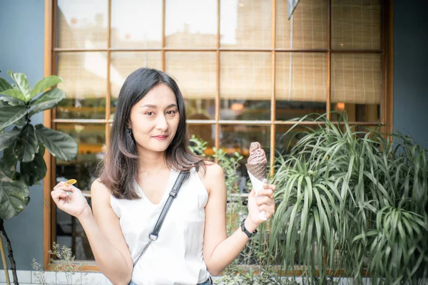 Happy Asian Girl Eating Homemade Ice Cream Sweet Cafe — Stock Photo, Image