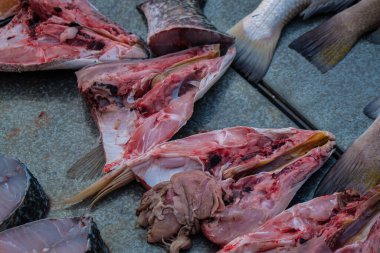 Dilimlenmiş taze deniz ürünleri balıkçılık pazarında satılıyor.