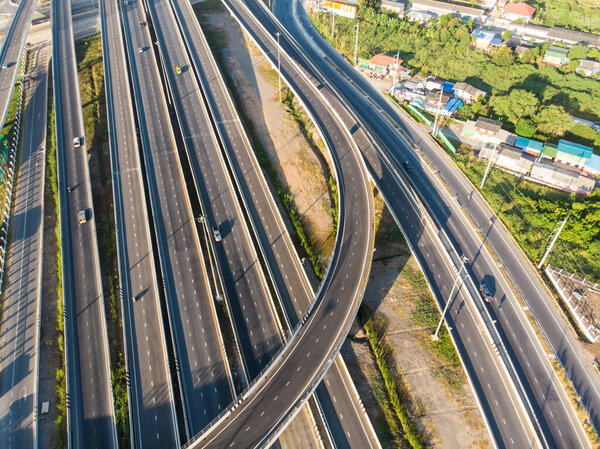 Freeway transport junction city road 4 lane aerial view in morning scene