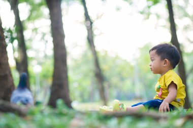 Şehir parkında Ujnder Ağacı 'nı oynayan sevimli erkek bebek. Gün batımı doğası.