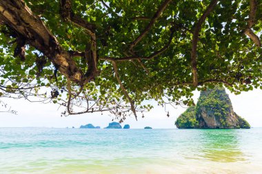 Krabi Tayland 'da kayalık adalı beyaz kumsal.