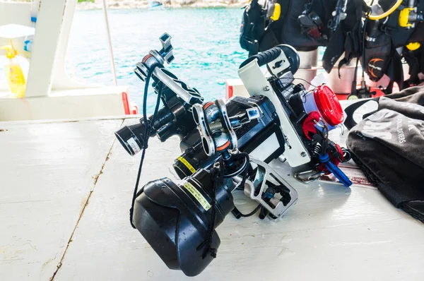 Подводная Камера Оборудованием Подводного Плавания Лодке Объект Отдыха — стоковое фото