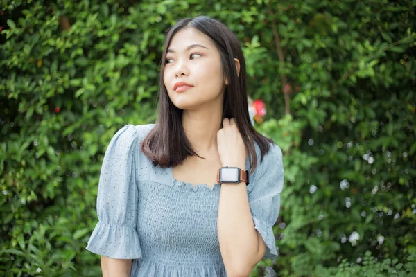 Fashion Portrait Beautiful Asian Women Standing Summer Park Green Leaf — Stock Photo, Image