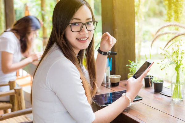 Attractive Asian Women Use Smartphone Communication Concept While Sitting Cafe — Stock Photo, Image