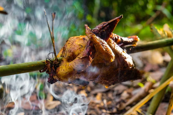 Frango Assado Grelhado Acampamento Floresta Conceito Aventura — Fotografia de Stock