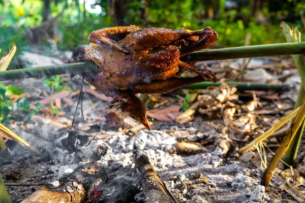 Frango Assado Grelhado Acampamento Floresta Conceito Aventura — Fotografia de Stock