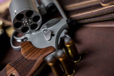 Ceketli 44 'lük magnum tabanca. Deri arka planda 240 tahıl mermisi.