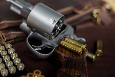 Ceketli 44 'lük magnum tabanca. Deri arka planda 240 tahıl mermisi.