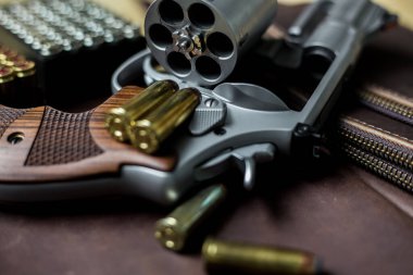 Ceketli 44 'lük magnum tabanca. Deri arka planda 240 tahıl mermisi.