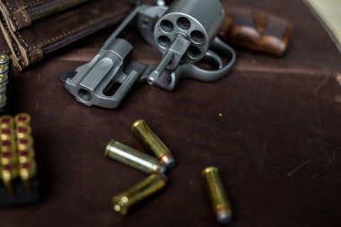 Ceketli 44 'lük magnum tabanca. Deri arka planda 240 tahıl mermisi.