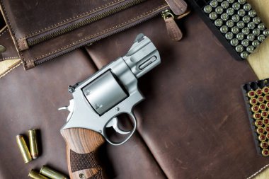 Ceketli 44 'lük magnum tabanca. Deri arka planda 240 tahıl mermisi.