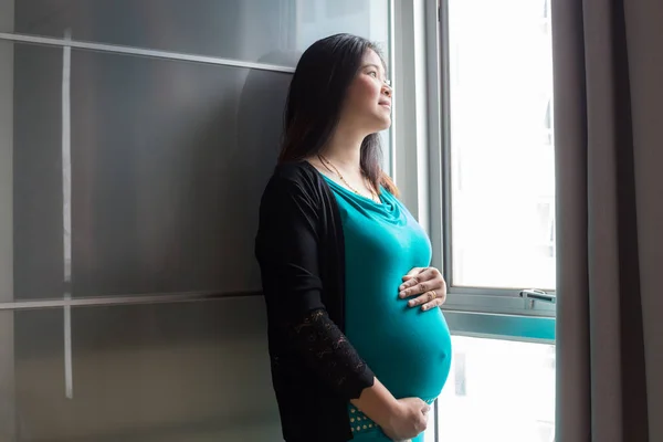 Asiática Embarazada Mujeres Pie Por Ventana Con Luz Expectativa Concepto — Foto de Stock