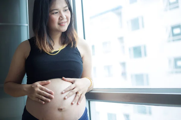 Hermosa Feliz Asiático Embarazada Mujeres Pie Habitación Por Ventana Esperanza — Foto de Stock