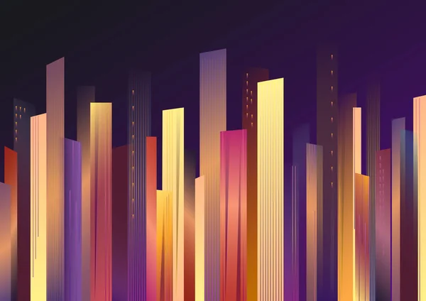 Rascacielos coloridos contra el cielo nocturno, ilustración vectorial, orientación horizontal — Vector de stock