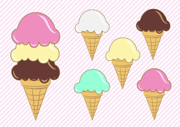 Sada šálků waffle zmrzliny. ovocné růžové, cream, bílá, čokoládová hnědá, máta — Stockový vektor