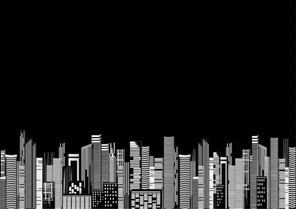 Gratte-ciel dans la ville dans la nuit, vectoriel, image horizontale, noir et blanc — Image vectorielle