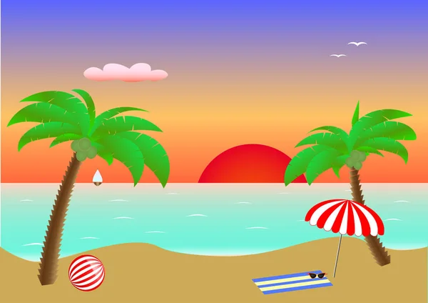 Puesta del sol del paisaje marino, dos palmas y accesorios de playa en la arena en el mar, postal, horizontal — Vector de stock