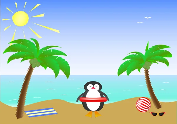 Dos palmeras y un lindo pingüino sonriente con gafas de sol en una isla de arena en el mar — Vector de stock
