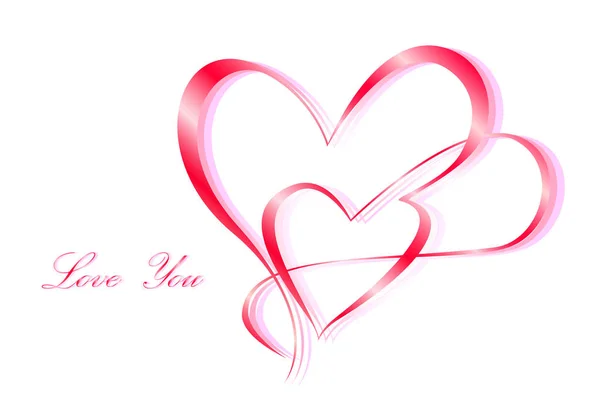 Dois corações caligraficamente pintados e Love You texto em um fundo branco, sombra rosa, horizontal — Vetor de Stock