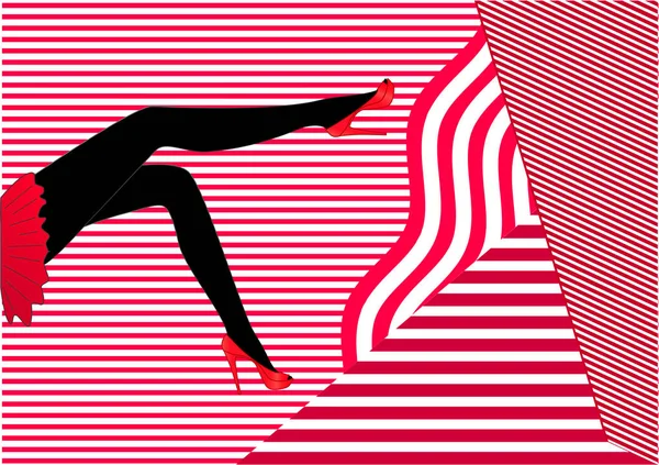 Silueta de largas piernas femeninas en zapatos rojos de tacón alto y una falda roja corta sentada sobre un fondo rayado rojo-blanco, vista lateral, horizontal — Vector de stock