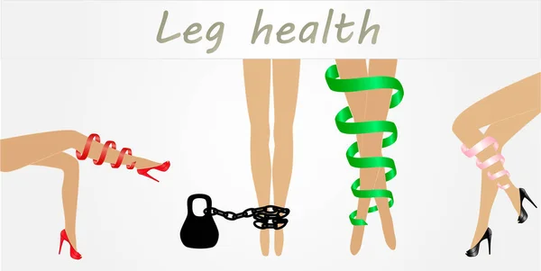 Жіночі ноги з симптомами варикозного розширення вен у різних позах. Елегантне положення лежачих, стоячих і сидячих ніг — стоковий вектор
