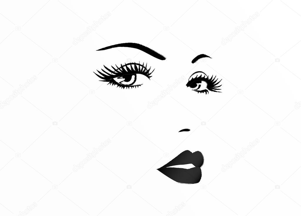 Beautiful face of a woman, black and white vector illustration