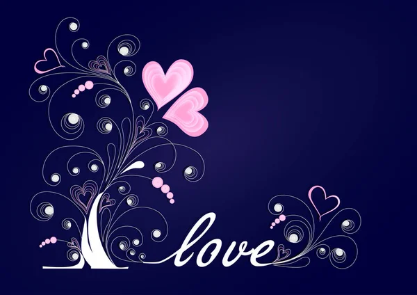 Αγάπη λευκό δέντρο με μπούκλες και ροζ καρδιές σε σκούρο μπλε φόντο — Διανυσματικό Αρχείο