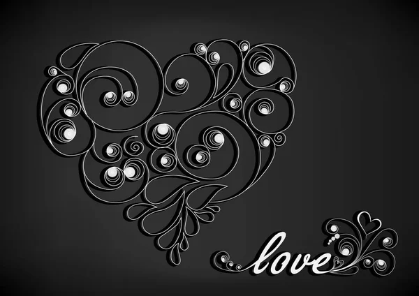 Weißes kalligrafisches Herz mit Schatten und Liebeswort auf schwarzem Hintergrund horizontal — Stockvektor