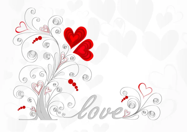White love tree with curls and red hearts on a gray background — Stock Vector