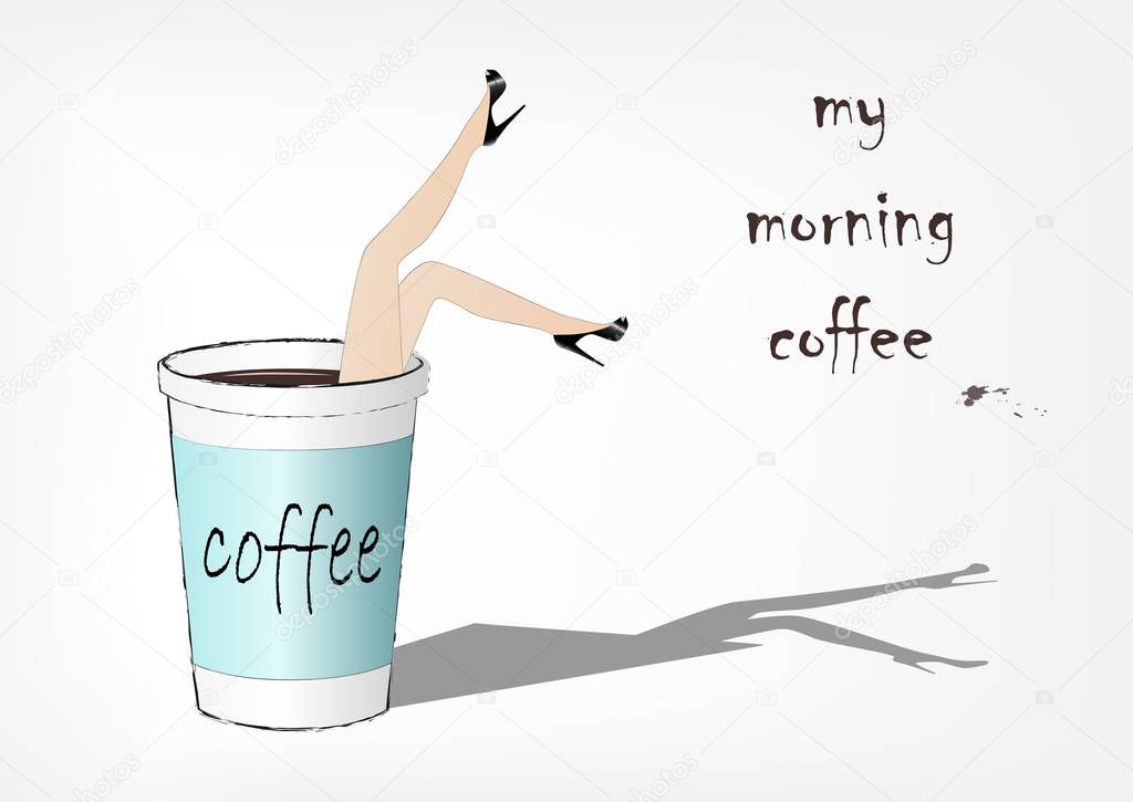 woman fell into the paper cup of coffee, fashion vector illustration, horizontal
