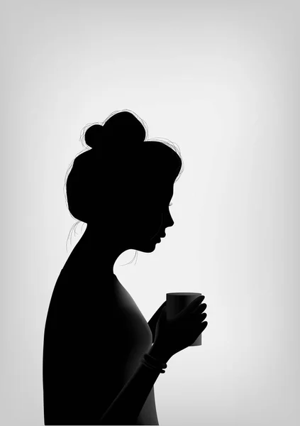Silhouette of a beautiful young woman  holding the cup of coffee, vertical — Stock Vector