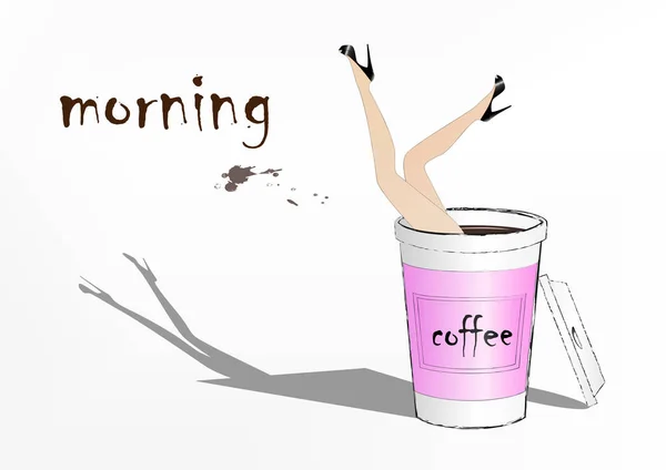 Femme est tombée dans la tasse de café en papier rose, illustration vectorielle de mode, horizontale — Image vectorielle