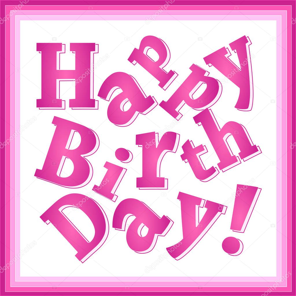 happy birthday pink greeting card for girls, broken print text, square format