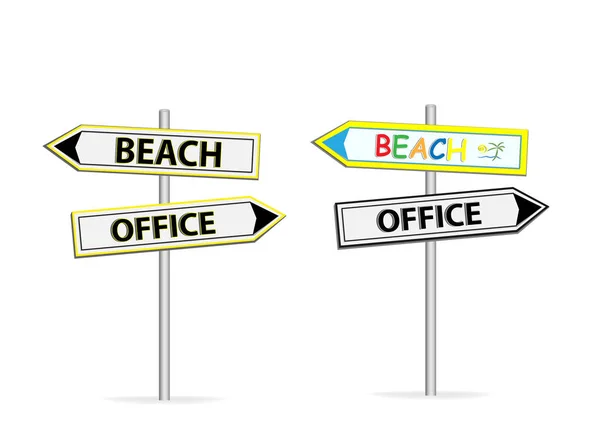 Dos diseños diferentes de señales de tráfico Office Beach aislado sobre fondo blanco — Vector de stock