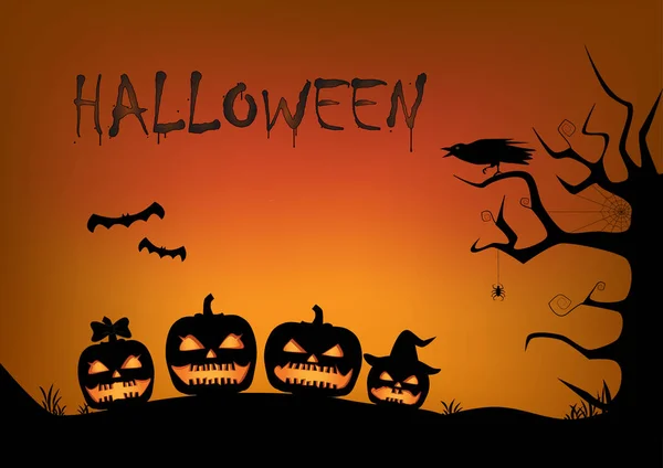 Halloween vykort. silhuetter av en familj av pumpor, träd, kråka, uggla, häxa, fladdermöss, spindel och spindelnät mot bakgrund av orange himlen, horisontell — Stock vektor